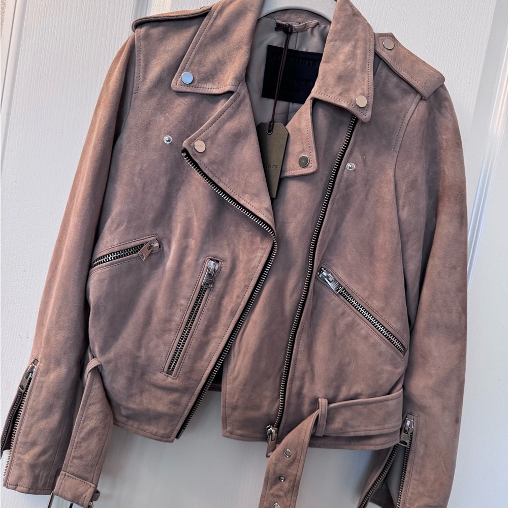 All Saints Dove Grey Suede Leathered Biker Jacket Size 4 NWT
